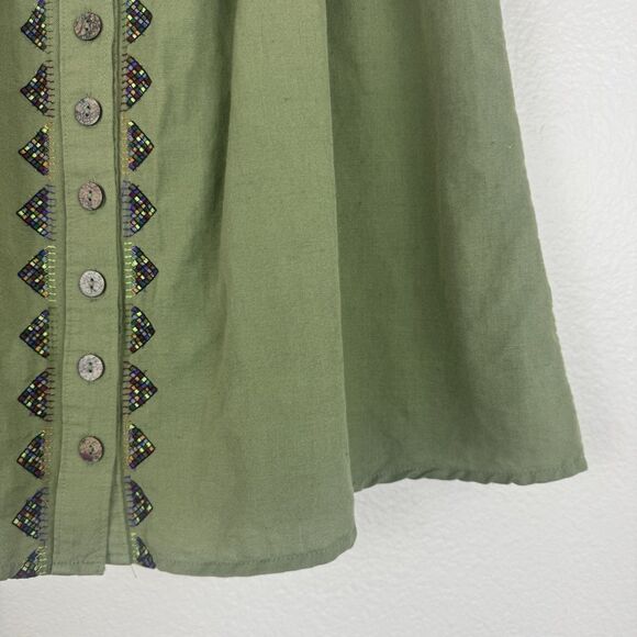 Anthropologie Maeve Embroidered Linen Cotton Button Front Smocked Skirt Green 6 - Picture 7 of 16